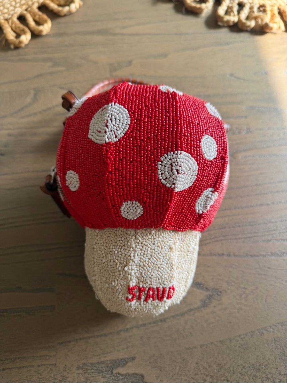 NEW STAUD Red and Cream Mushroom Beaded Mini Bag with Brown Handles - Picture 5 of 7